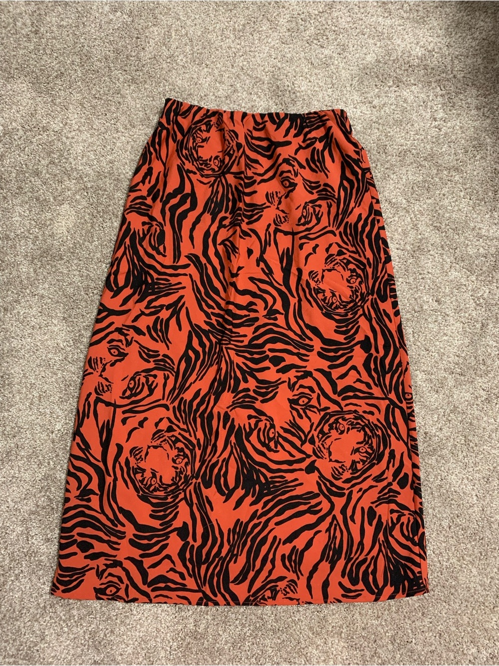 Japna Orange Tiger Print Face Layered Midi Skirt Sleek Elastic Unique Medium
